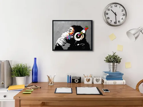 Vista 3 de Wieco Art Marco Negro Mono con Auriculares Banksy Arte de Graffiti Abstracto Pinturas en Lienzo Impresiones Arte de Pared en Lienzo de Animales