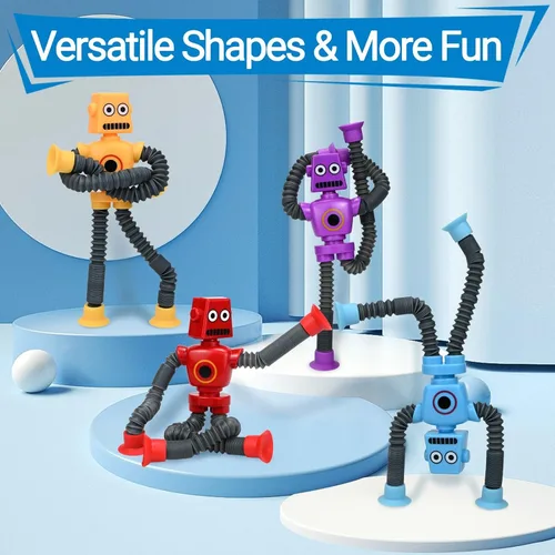 Vista 4 de Juguetes robóticos (paquete de 4), robots telescópicos con ventosa, tubos para autismo, juguetes sensoriales para ansiedad, regalos para niños