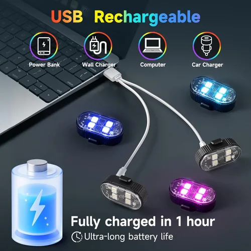 Vista 4 de 10 luces estroboscópicas LED inalámbricas de 4 LED con control remoto, 8 colores de alto brillo USB-C, recargable, impermeable, anticolisión, luces