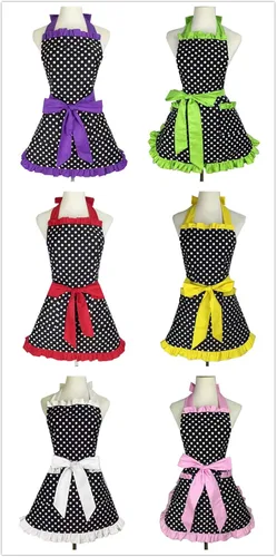 Vista 7 de Hyzrz Lindo delantal retro negro de lunares retro con volantes laterales vintage delantales de cocina con bolsillos para mujeres y niñas (lado azul)