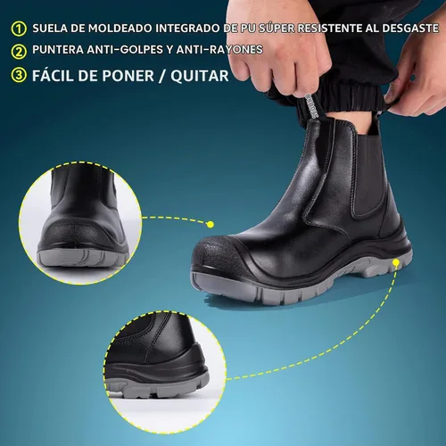 Vista 4 de TAERDUN Botas de trabajo con punta de acero para hombre, botas Chelsea sin cordones, zapatos industriales y de construcción para hombre 414 negro