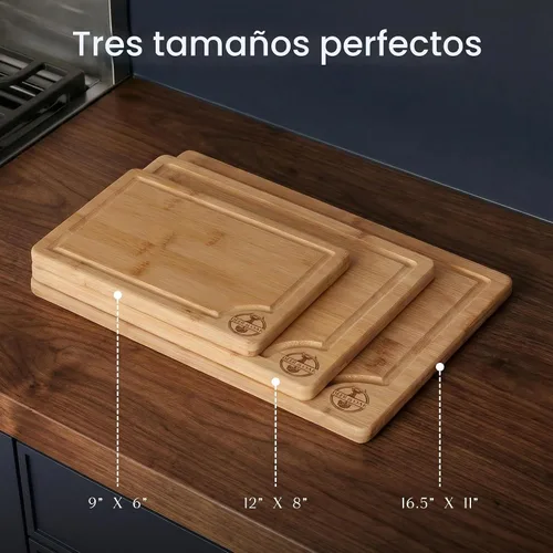Vista 5 de Deer & Oak Juego de tablas de cortar de bambú de 3 piezas, tablas de cortar de madera previamente engrasadas para cocinas de 13.0 x 9.4 in, 11.0 x