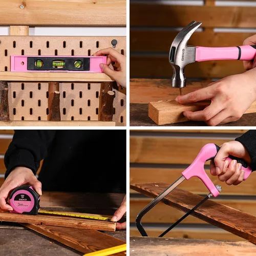 Vista 7 de Juego de herramientas de taladro eléctrico rosado: taladro eléctrico inalámbrico de 20 V, controlador, caja de herramientas con batería