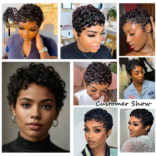 Vista 8 de MOONSHOW Pelucas cortas de corte Pixie para mujeres negras, pelucas cortas Pixie negras naturales para mujeres negras, peluca sintética rizada