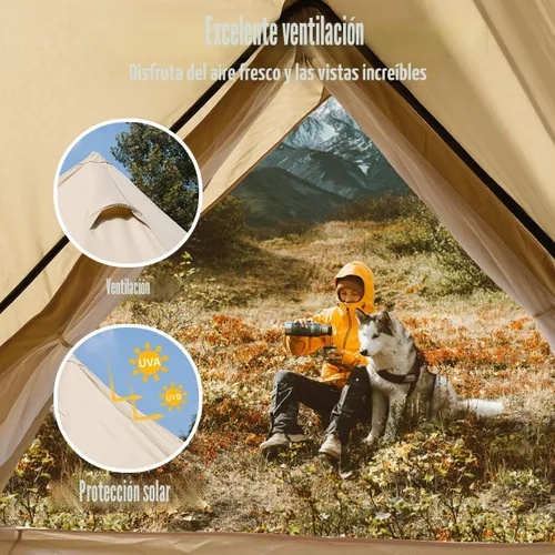 Vista 4 de ShinHye Tienda de campaña de lona para yurtas, 4 estaciones, para camping, 100% algodón, tiendas de campaña glamping con gato de estufa, camping