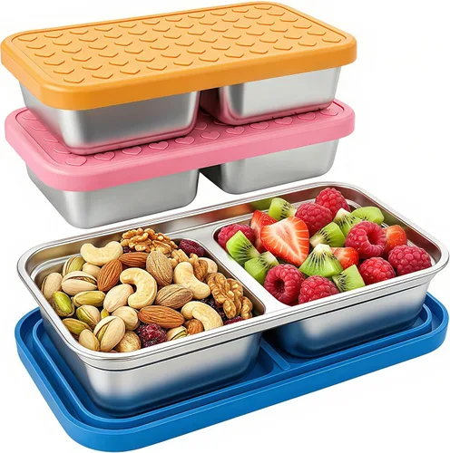 Vista 12 de 2 cajas Bento de acero inoxidable 304, 2 compartimentos, contenedores portátiles de almacenamiento de alimentos, cajas de aperitivos con tapas, caja