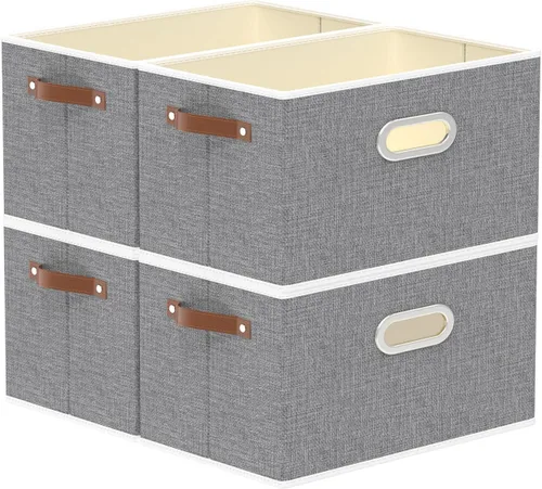 Vista 18 de Yawinhe Cestas de almacenamiento de tela, organizador plegable de armario para estantes, cajas grandes con 3 asas, contenedores de lona para ropa