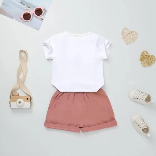 Vista 3 de FOCUTEBB Conjunto de ropa de verano para bebé niña, camiseta y pantalones cortos de lino con cinturón, lindo conjunto de ropa