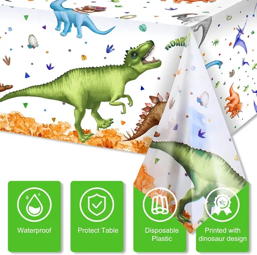 Vista 4 de Tatuo 3 manteles de dinosaurio de acuarela de 54 x 108 pulgadas, decoración de mesa de plástico de dinosaurio, desechable, impermeable, mantel