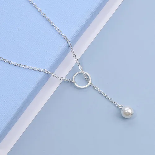 Vista 3 de Yheakne Collar de perlas Boho con forma de círculo de plata y perlas y collar minimalista y Lariat para mujeres y adolescentes plata