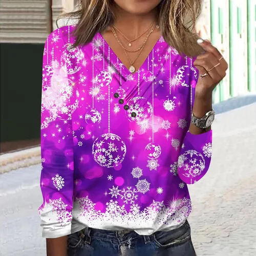 Vista 4 de FlekmanArt Camisas de manga larga con botones y cuello en V para mujer, con estampado de Navidad, sudaderas de otoño e invierno