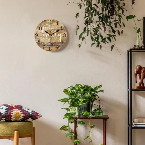 Vista 4 de Lafocuse Reloj de Pared Silencioso Marrón de 12 Pulgadas que Funciona con Pilas, Reloj de Pared Decorativo de Granja Familiar para Decoración