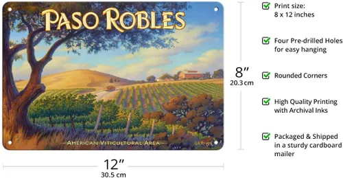 Vista 2 de Paso Robles Wineries San Luis Obispo - California Vineyards Wine Country Art por Kerne Erickson - Cartel de metal vintage de 8 x 12 pulgadas