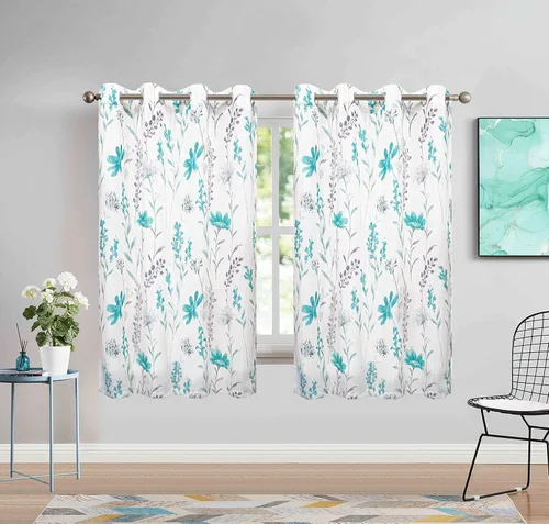 Vista 18 de July Joy Cenefa de Cocina Estampada con Textura de Lino de 18 Pulgadas Diseño Floral de Hojas Estilo Casa de Campo Juego de Paneles de Cortina