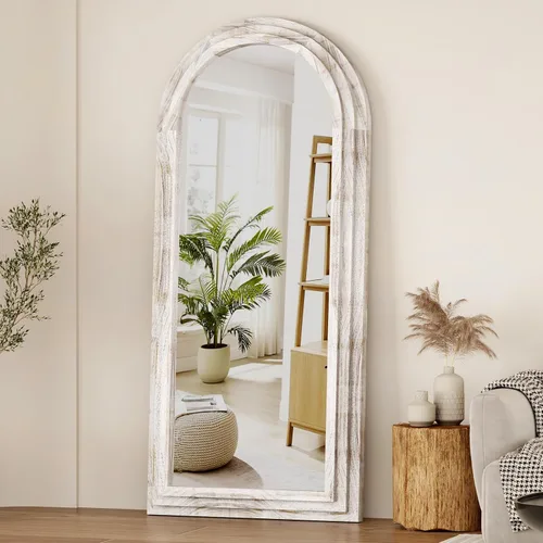 Vista 8 de ZHUNFA Espejo externo arqueado de tres capas de longitud completa con marco de madera maciza, espejo de pie moderno de 65 x 22 pulgadas, decoración