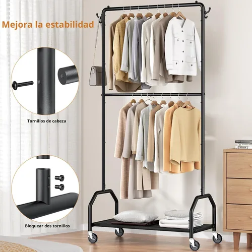 Vista 4 de Wiracks Perchero doble para colgar ropa, perchero para ropa, 130 libras, capacidad 34.5 pulgadas de ancho x 15.8 pulgadas de profundidad x 79