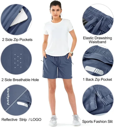 Vista 28 de NORTHYARD Pantalones cortos deportivos de senderismo para mujer, de secado rápido, ligeros, para gimnasio, entrenamiento, con 3 bolsillos
