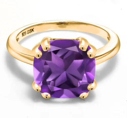 Vista 3 de Gem Stone King 3-5 Cttw Gemstone Birthstone Double Prong Solitaire Ring for Women 18K Yellow Gold Plated Silver Cushion 10MM Anniversary