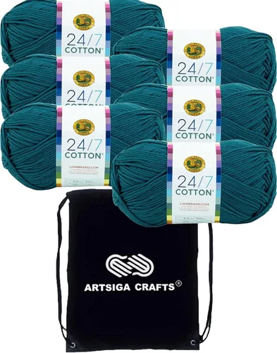 Vista 50 de Lion Brand 24/7 Algodón Blanco 761-100 (6-Carrillos - Mismo Lote de Tinta) Hila Gruesa Media #4 de Algodón para Crochet y Tejido con Bolsa