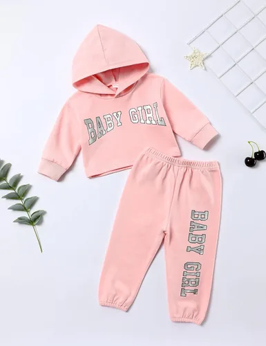 Vista 4 de Menglang Conjunto de sudadera corta con capucha y pantalones para niña pequeña para otoño e invierno