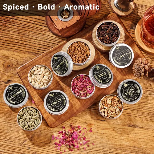 Vista 6 de ComboJoy Juego de Regalo de Astillas de Madera para Fumador de Cócteles de 12 Sabores para Hombres - Canela, Clavo, Cáscara de Naranja, Cardamomo