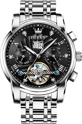 Vista 9 de OLEVS Relojes para hombre Reloj automático esqueleto plateado acero inoxidable mecánico Tourbillon automático diamante esfera negra impermeable lujo