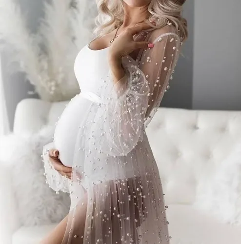 Vista 7 de yinyyinhs Womens Pearl Maternity Dress for Photoshoot Long Puffy Sleeves Tulle Wedding Robe Beaded Bridal Lingerie