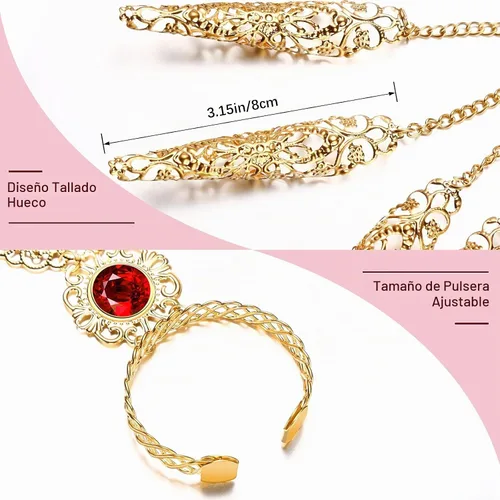 Vista 3 de Maitys 2 pulseras de oro con incrustaciones de acrílico para mujer, pulsera egipcia gitana para danza del vientre, con uñas de dedo, disfraz de Rubí