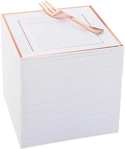 Vista 10 de Platos de postre de plástico plateado con tenedores de plástico, 100 platos cuadrados desechables para aperitivos, platos pequeños con borde Blanco
