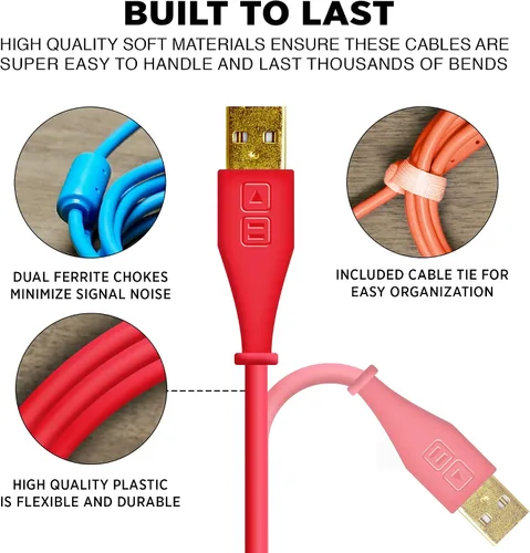 Vista 5 de DJ TechTools Chroma Cables Cable USB-A a USB-B en ángulo recto 4.9 ft / 5 pies Audio optimizado Blindado de interferencias Sujetacables Azul