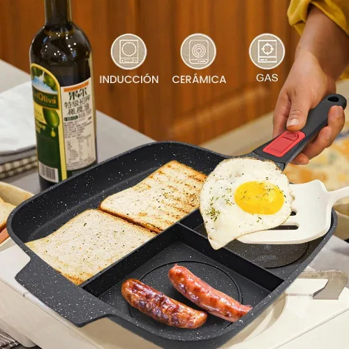Vista 4 de Sartén Parrilla 3 en 1 para Estufas con Mango Desmontable, Plancha Versátil Antiadherente Dividida, Sartén Cuadrada Libre de PFOA, Negro