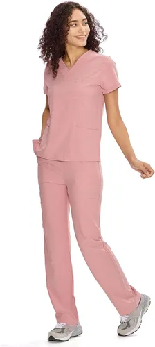 Vista 3 de COZYFIT Scrubs for Women Set - V-Neck & Straight Leg Pants with 9 Pockets Rosa
