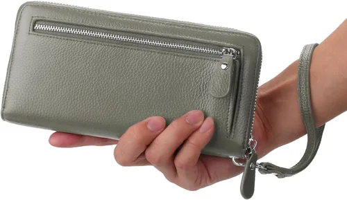Vista 2 de YALUXE Carteras de cuero real con cremallera alrededor para mujer, bolso de mano, teléfono celular, tarjetero, protección de bloqueo RFID, Gris