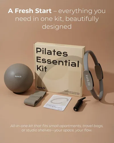 Vista 7 de Juego de mancuernas ajustables color rosa de 2 libras a 5 libras y kit de pilates gris pardo