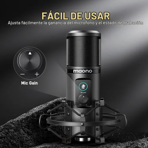 Vista 5 de Kit de micrófono de grabación USB MAONO, micrófono de condensador profesional para PC con silenciamiento táctil y perilla de ganancia de micrófono