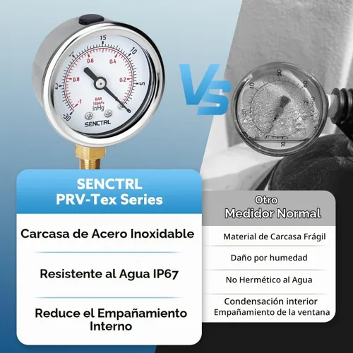 Vista 3 de SENCTRL - Medidor de presión de vacío de 30inHg, esfera de 2", NPT de 1/8, montaje inferior, estuche de acero inoxidable, resistente al agua