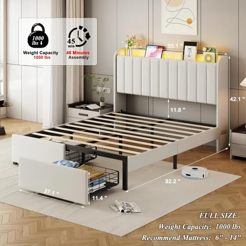 Vista 2 de Base de cama tamaño matrimonial con cabecera de almacenamiento y 2 cajones, base de cama tapizada con luces LED y práctica estación de carga,