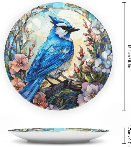 Vista 2 de Platos decorativos, pájaro azul y flores, vitrales, para el hogar, oficina, cocina, decoración de mesa, platos de porcelana de 6 pulgadas, regalos
