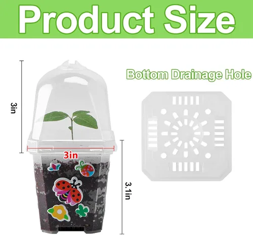 Vista 2 de EBaokuup 10 macetas transparentes para vivero de plantas con cúpula de humedad, maceta de plástico reutilizable de 3 pulgadas con etiquetas