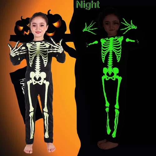 Vista 2 de Disfraz de esqueleto con brillo en la oscuridad para niños niños pequeños vestido de fiesta de Halloween para niñas y niños