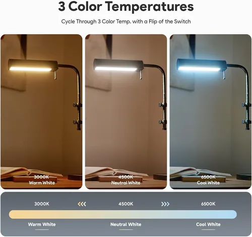 Vista 3 de VONLUCE Lámpara de escritorio rústica, lámpara de mesa de metal de estilo industrial ajustable, lámpara de lectura LED de 3 temperaturas