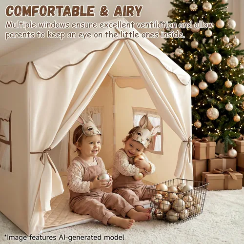 Vista 7 de Tienda de campaña para niños con doble puerta castillo de juegos para niños - Beige Kids Tent with Mat, Two Doors Fantasy Adventure Play House for