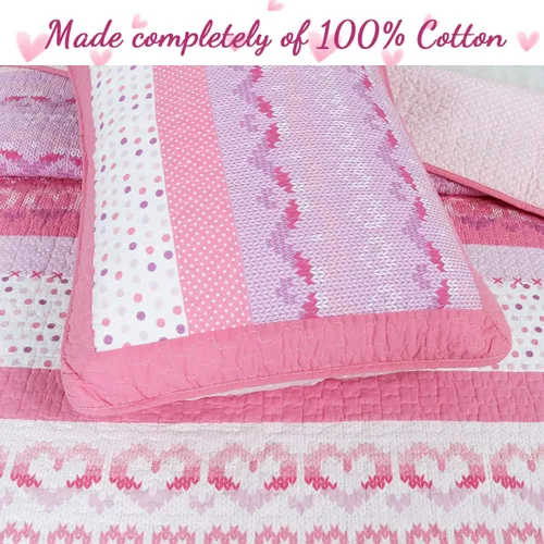 Vista 2 de [Usado] Juego de ropa de cama de algodón de 6 piezas con estampado de corazones, mariposas y lunares, a rayas, rosa, morado, blanco, de algodón