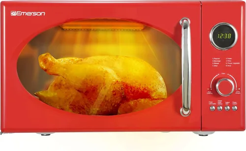 Vista 4 de Emerson MWRG0901RD - Microondas retro de 0.9 pies cúbicos con función de parrilla de 1,000W, potencia de cocción de 800W, pantalla LED, 5 niveles
