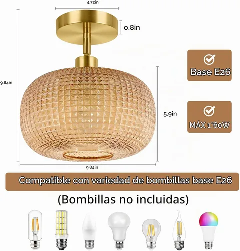 Vista 4 de ROTTOGOON Lámpara de techo semiempotrada, luces de techo inclinadas doradas ajustables con pantalla de vidrio ámbar, modernas lámparas de pasillo