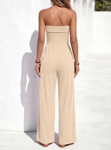 Vista 7 de PRETTYGARDEN Overol de tubo para mujer, elegante, casual, hombros descubiertos, pierna ancha, overol de una pieza, trajes de verano para vacaciones
