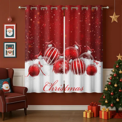 Vista 9 de Cortinas opacas de Navidad para niñas y niños, decoración del hogar, decoración navideña, árbol de acebo, estrella, Navidad, ojales, cortinas