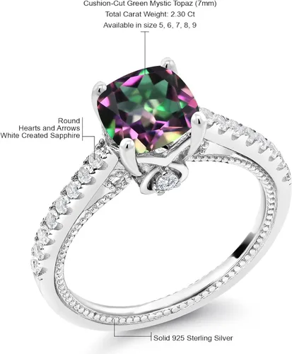 Vista 7 de Gem Stone King Anillo de compromiso de plata de ley 925 con topacio místico verde y zafiro blanco creado para mujer