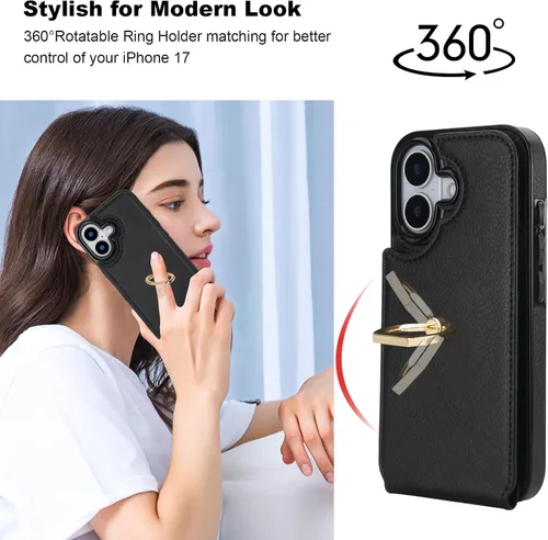 Vista 3 de Folosu Funda compatible con iPhone 17 con soporte para tarjetas, rotación de 360°, soporte de anillo de dedo con función atril, bloqueo RFID