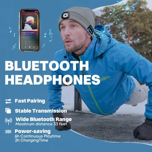 Vista 3 de Bosttor Gorro Bluetooth con luz, gorro para faros delanteros con auriculares y micrófono de altavoz integrado, regalos para hombres, mujeres